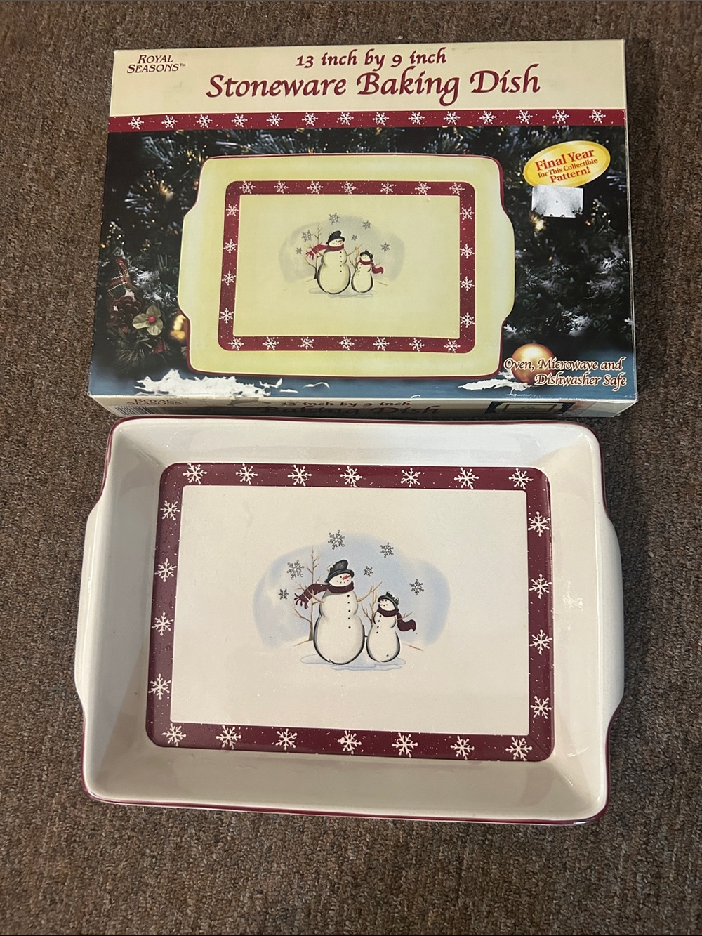 New in Box 13" X 9" Cream  Red Stoneware Baking Dish with Snowman Motif